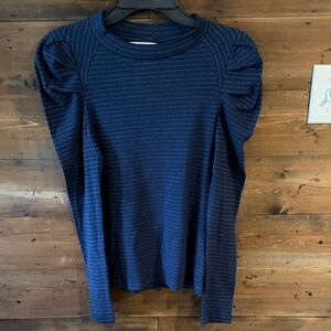 Time and Tru Navy Pinstripe Puff-Sleeve Long-Sleeve Top